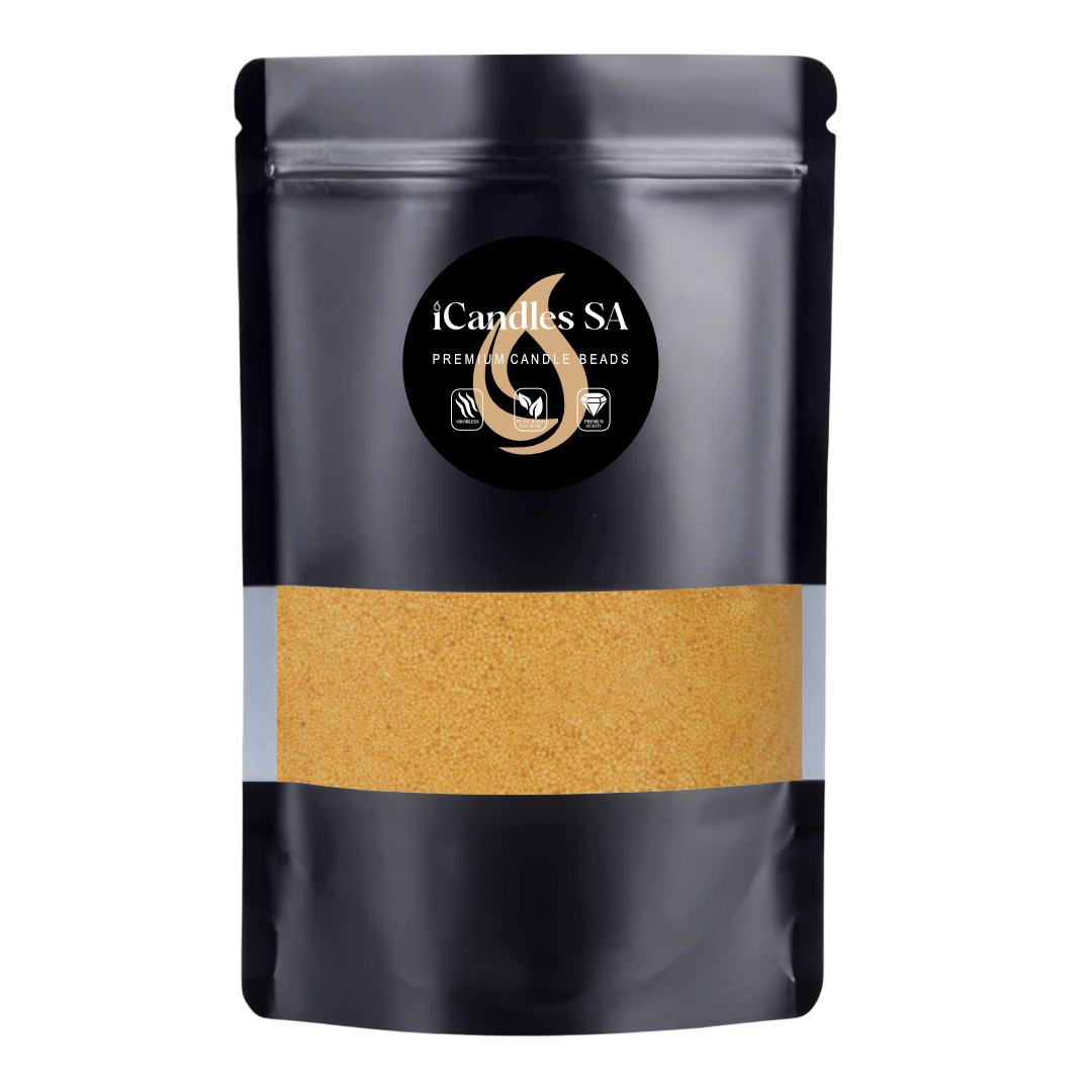 Black packaging with a 500g Autumn sand wax by iCandles SA on a white background
