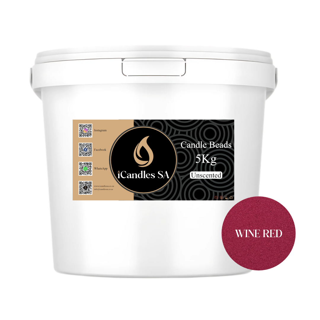 White bucket labeled 'Candle Beads 5Kg Unscented' by iCandles SA with a wine red color swatch on a white background.
