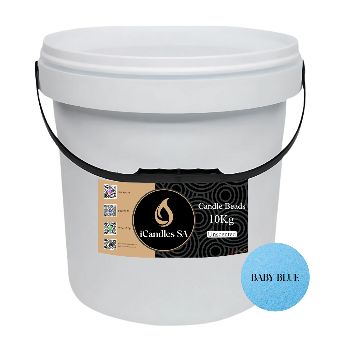 White bucket labeled 'Candle Beads 10Kg Unscented' with a 'Baby Blue' color swatch on a white background