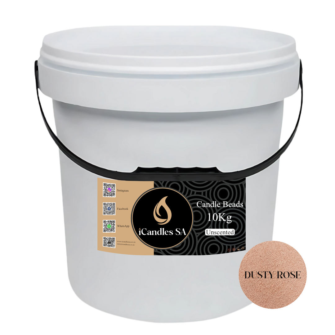 White bucket labeled 'Candle Beads 10Kg Unscented' with a 'Dusty Rose' color swatch on a white background