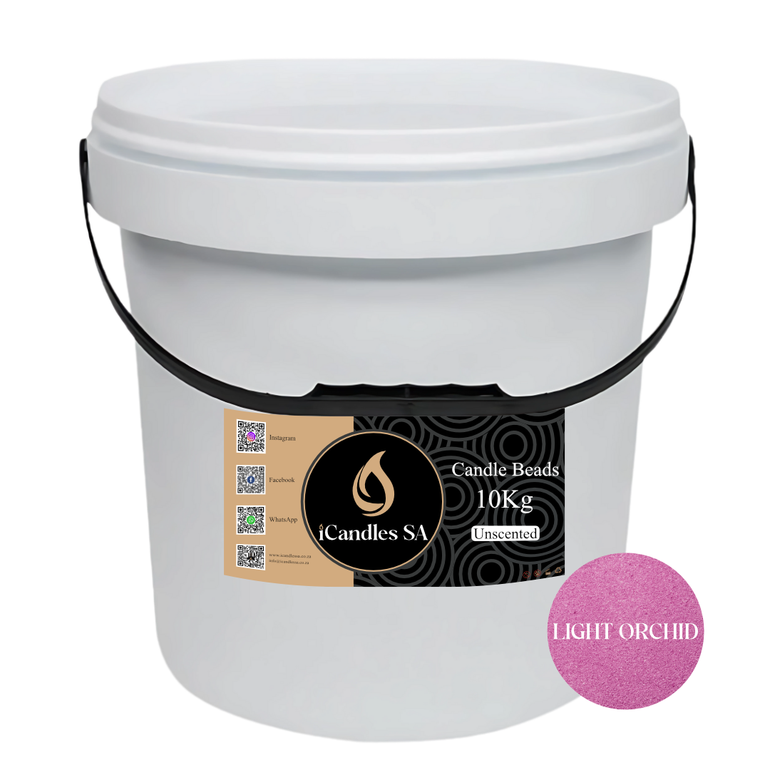 White bucket labeled 'Candle Beads 10Kg Unscented' with a light orchid color swatch on a white background