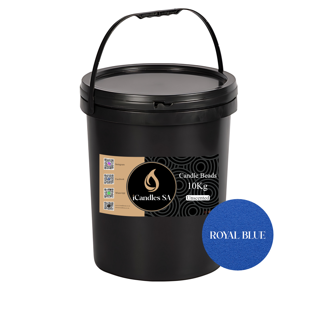 Black bucket labeled 'Candle Beads 10Kg' with a blue circle indicating 'Royal Blue'.