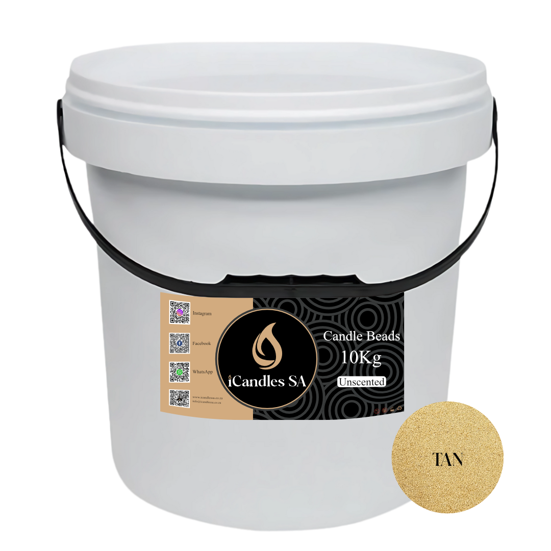 White bucket labeled 'Candle Beads 10Kg Unscented' with a tan label on a white background