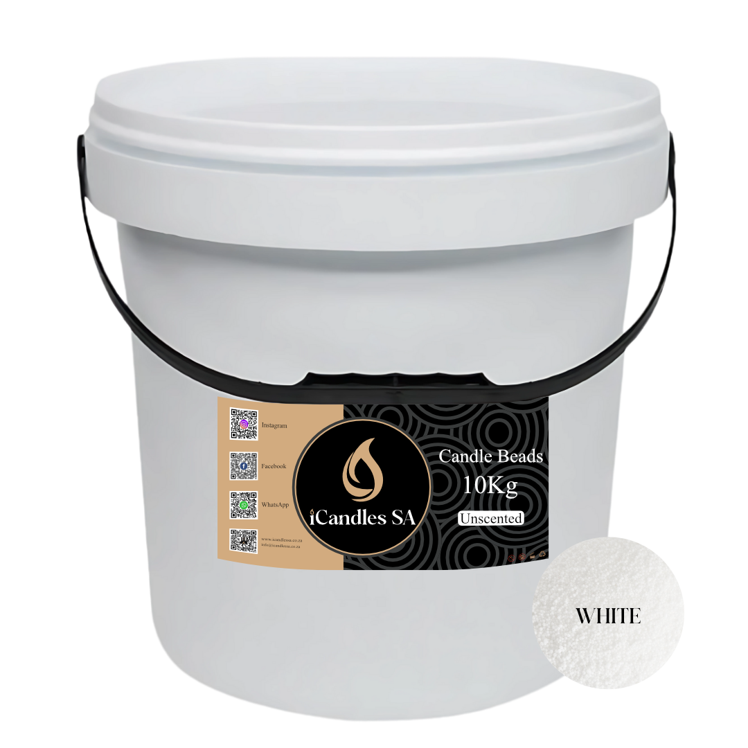 White bucket labeled 'Candle Beads 10Kg Unscented' with a small white candle bead on a white background