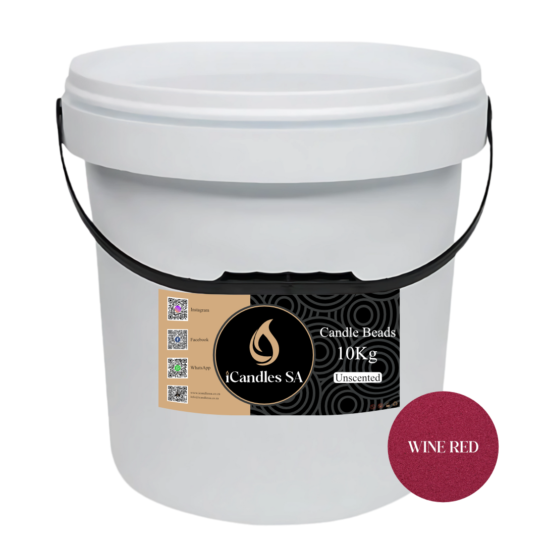 White bucket labeled 'Candle Beads 10Kg Unscented' with a wine red color swatch on a white background