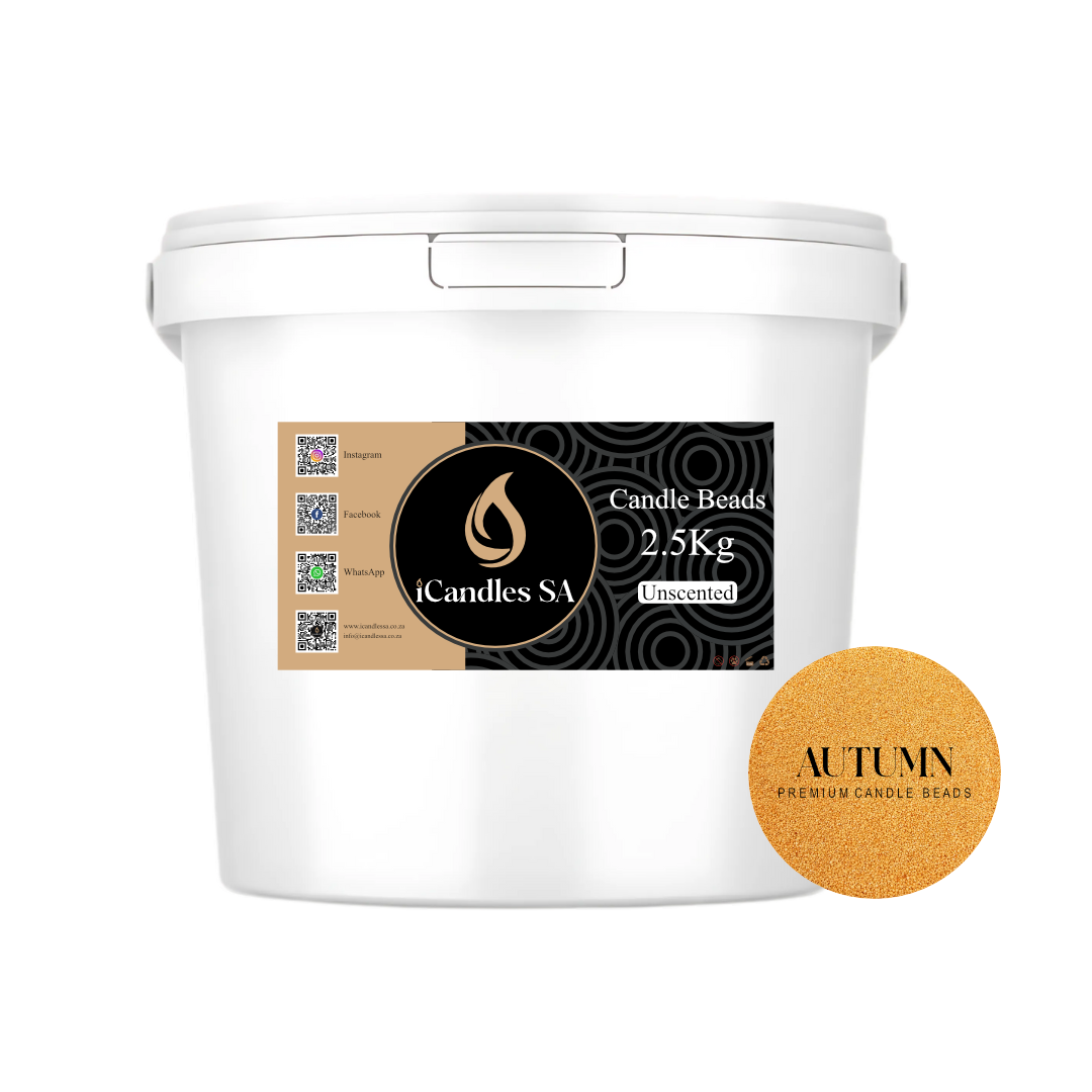 White bucket labeled 'Candle Beads 2.5Kg Unscented' by iCandles SA with an 'Autumn' label on a white background.