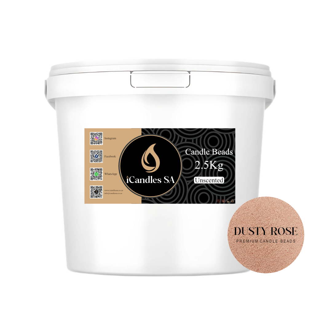White bucket of candle beads 2.5Kg with iCandles SA labeled Dusty Rose on a white background