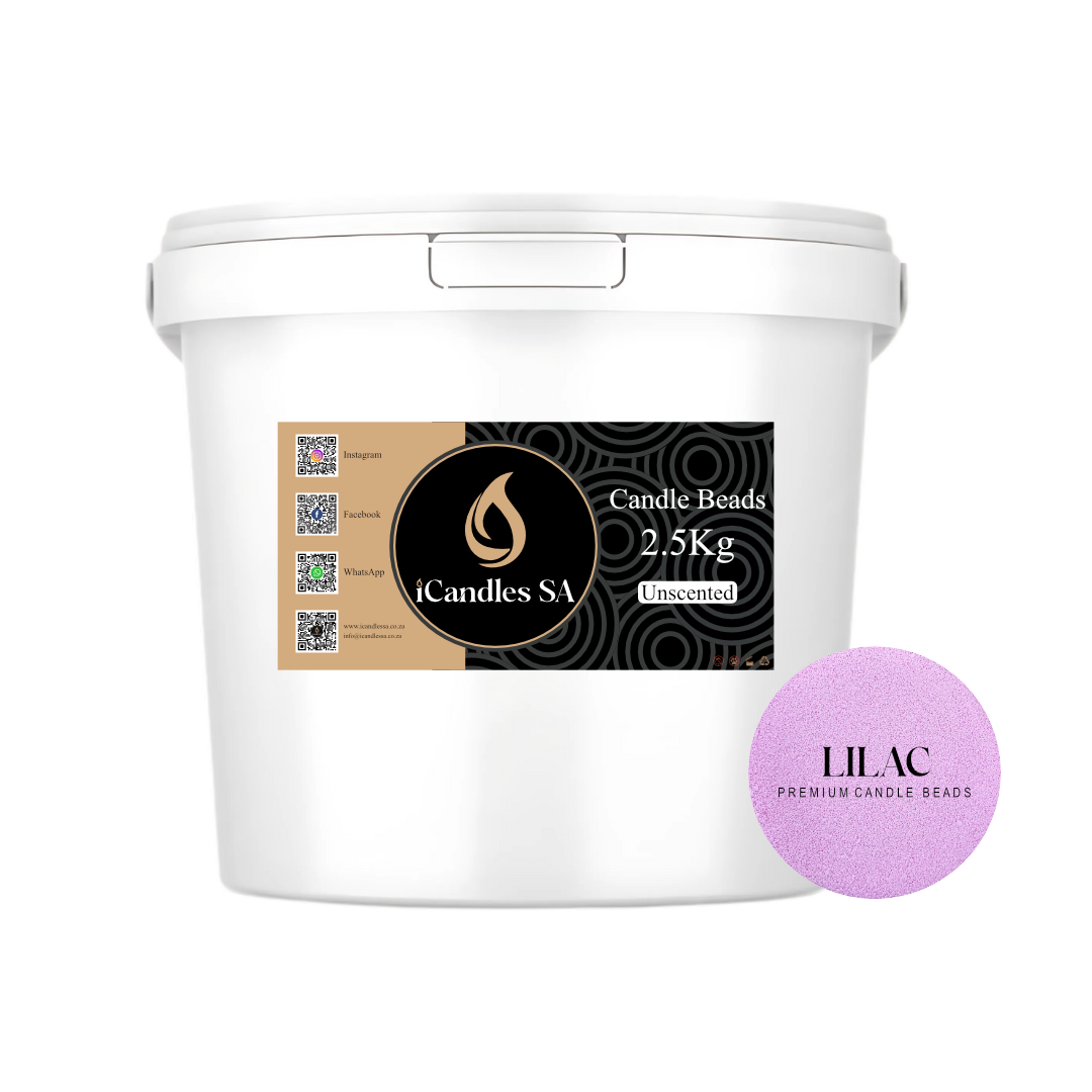 White bucket labeled 'Candle Beads' 2.5Kg with a lilac candle beads on a white background