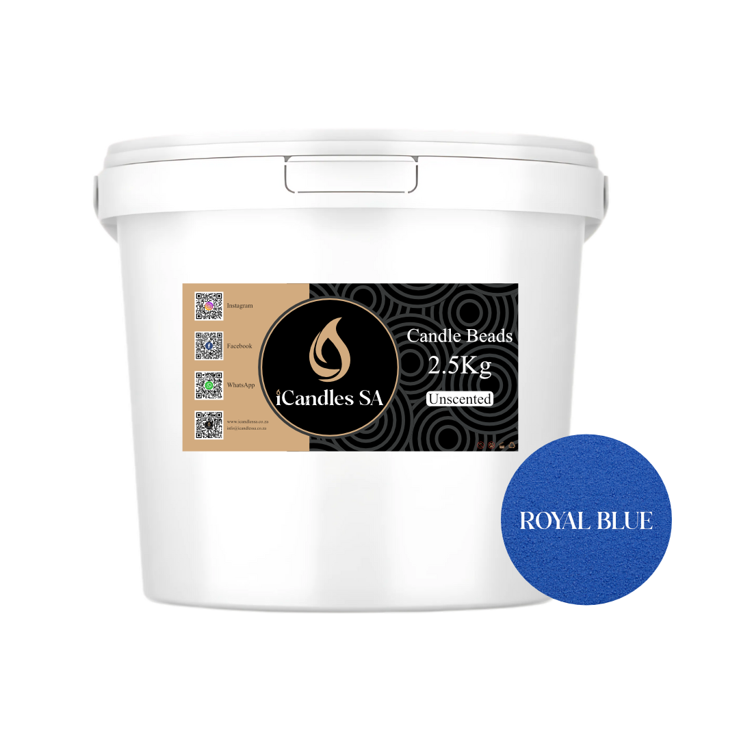 White bucket labeled 'Candle Beads SA' with a blue color swatch on a white background