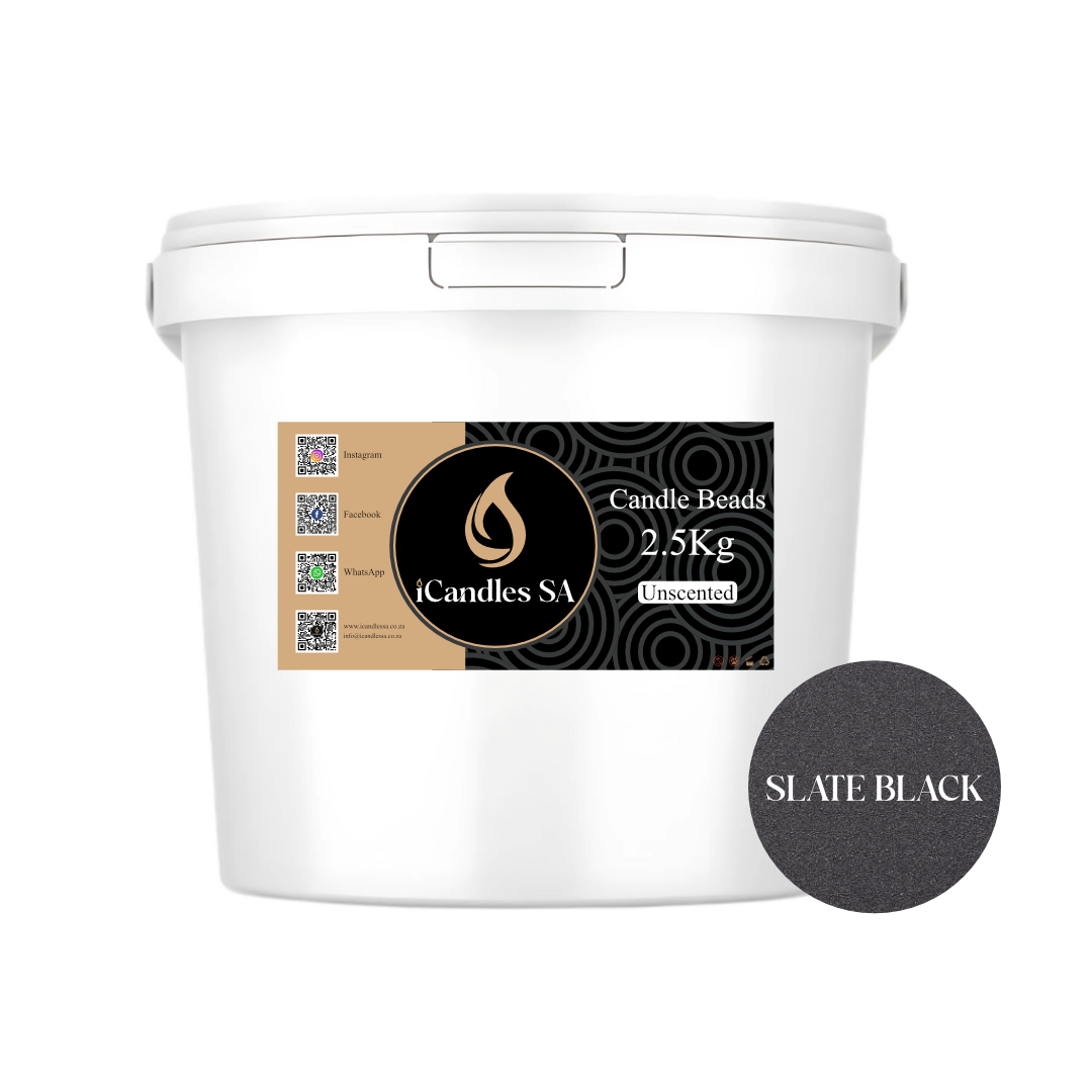 White bucket labeled 'Candle Beads 2.5Kg Unscented Slate Black' by iCandles SA on a white background.