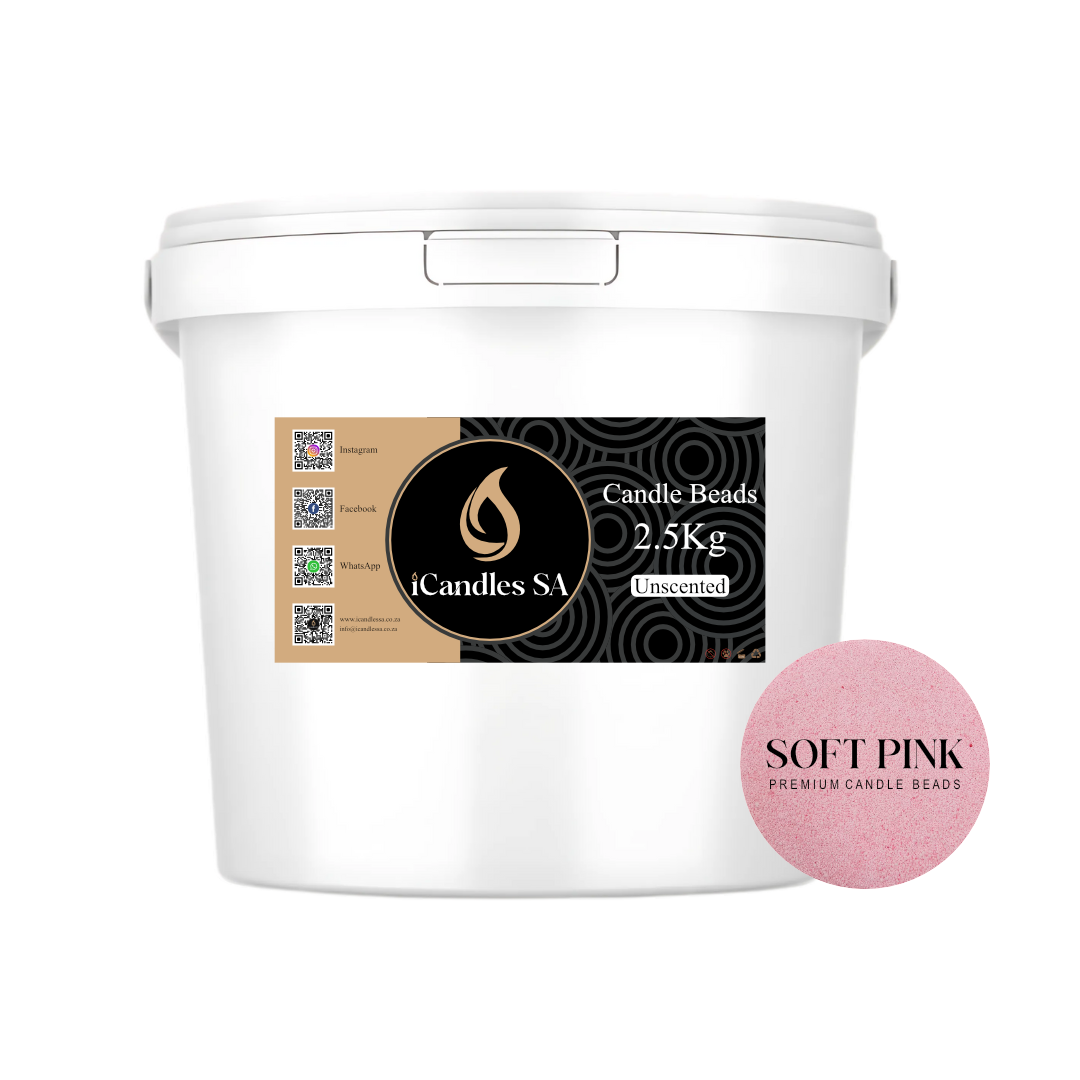 White bucket of Candle Beads with iCandles SA label and soft pink candle beads on a white background