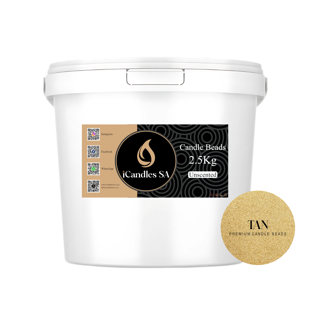 White bucket labeled 'Candle Beads 2.5Kg Unscented' by iCandles SA with a sample of tan candle beads on a white background.