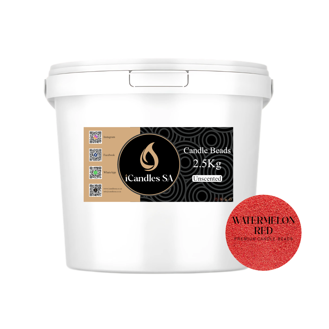 White bucket of candle beads with iCandles SA label and watermelon red bead sample on a white background