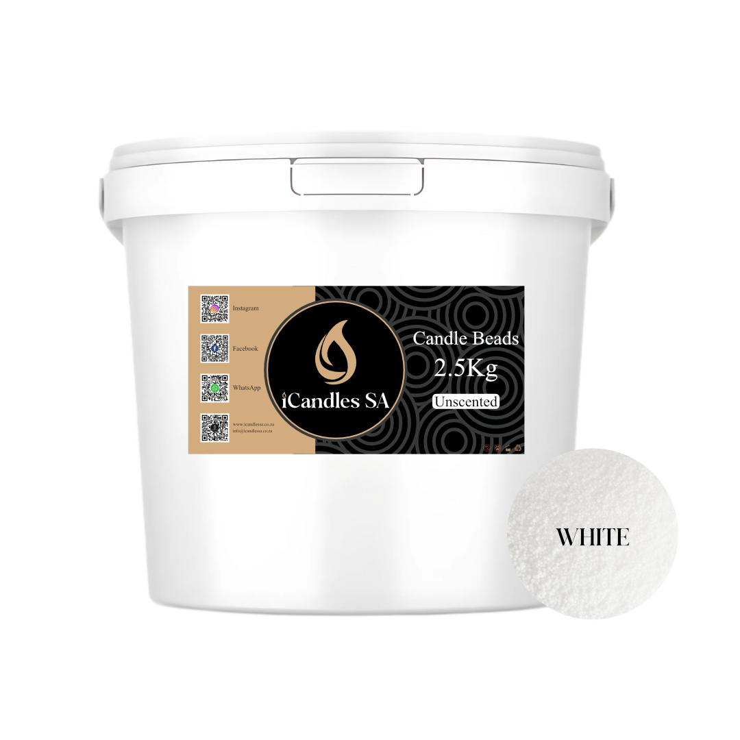 White bucket of candle beads with a label from iCandles SA on a white background