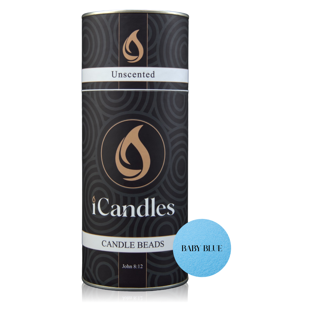 Canister of iCandles unscented candle beads with a blue label on a white background