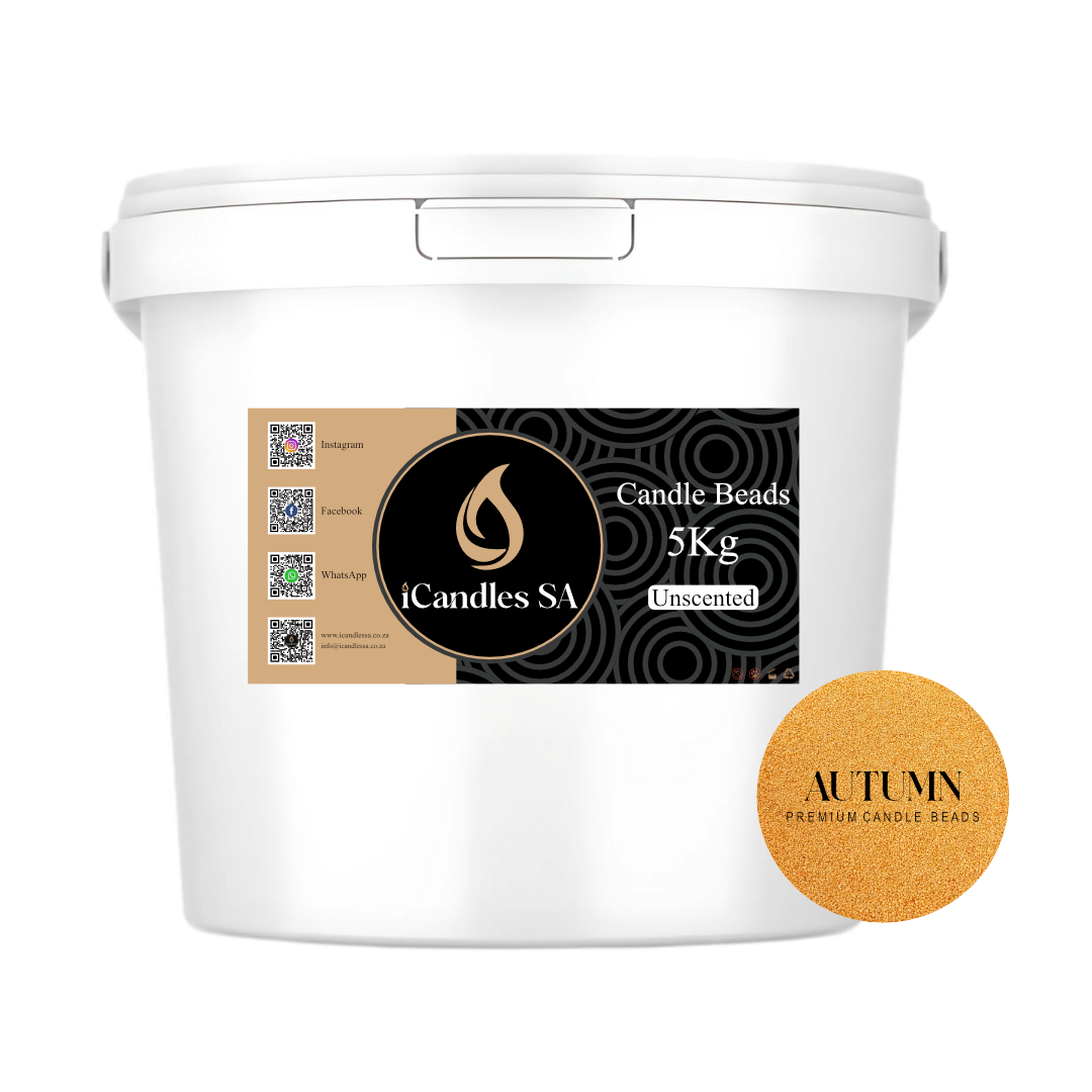 White bucket labeled 'Candle Beads 5Kg Unscented' by iCandles SA with an 'Autumn' label on a white background.