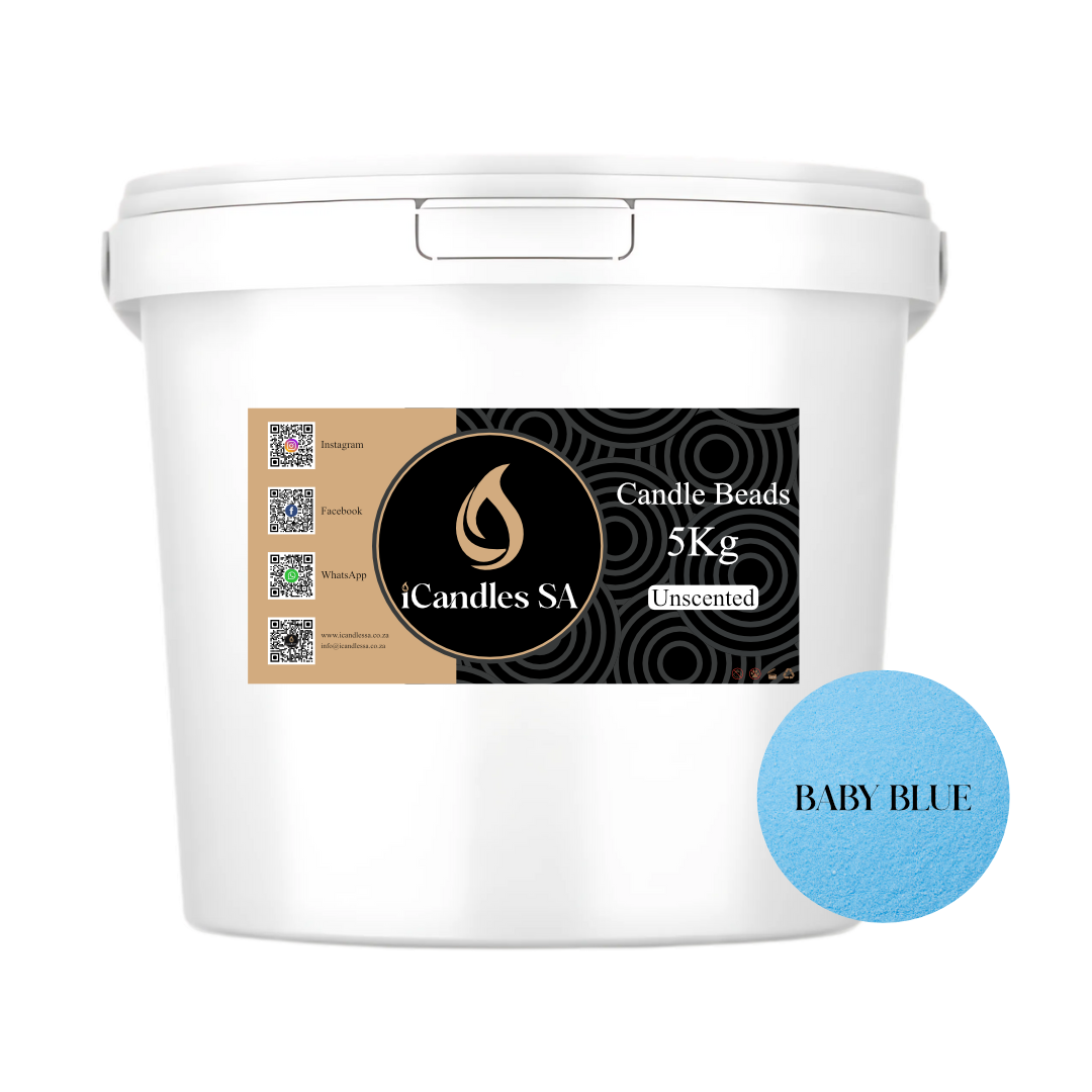 White bucket labeled 'Candle Beads 5Kg Unscented' by iCandles SA with a baby blue color swatch on a white background.