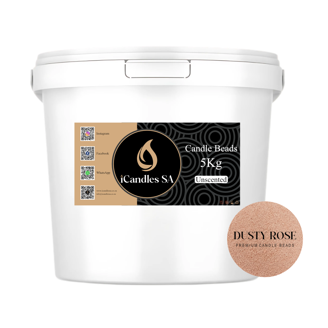 White bucket labeled 'Candle Beads 5Kg Unscented' by iCandles SA with a 'Dusty Rose' label on a white background.