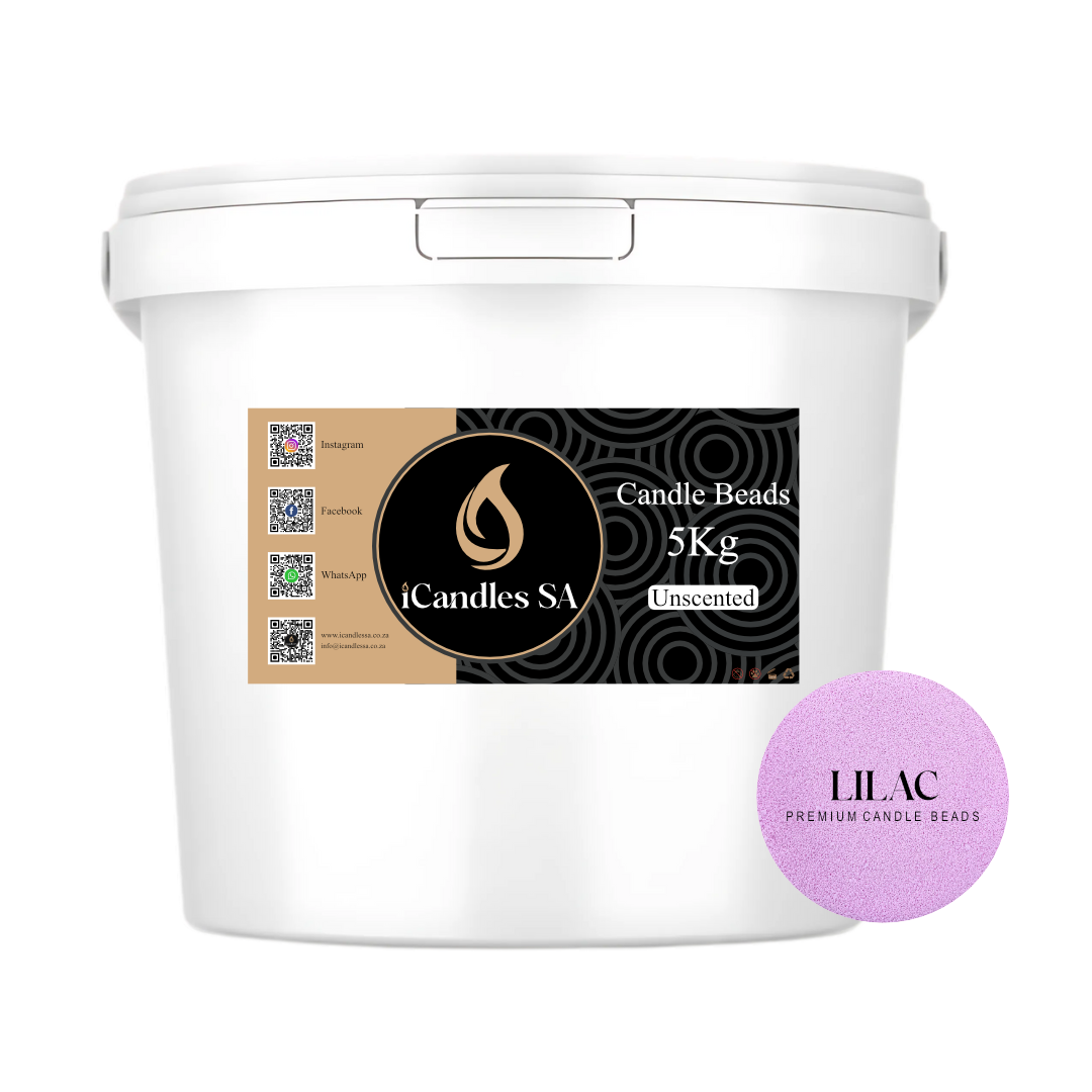 White bucket labeled 'Candle Beads 5Kg Unscented' by iCandles SA with a lilac candle beads on a white background.
