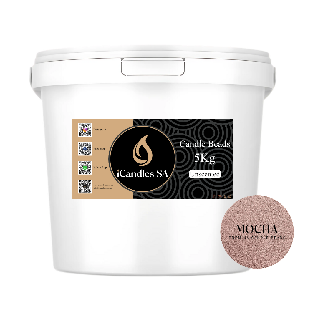 White bucket labeled 'Candle Beads 5Kg Unscented' by iCandles SA with a sample of Mocha color on a white background.