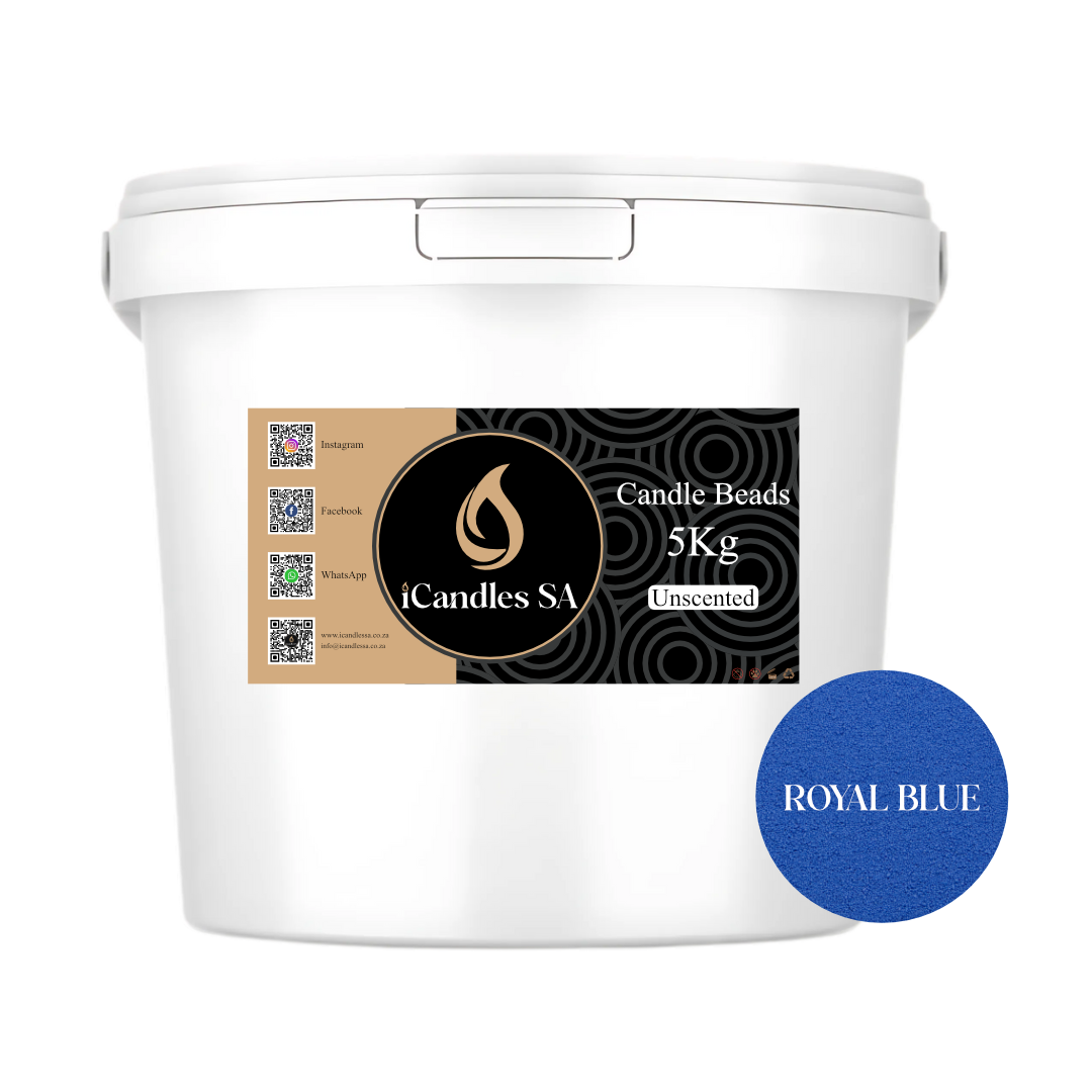 White bucket labeled 'Candle Beads 5Kg Unscented' by iCandles SA with a blue label on a white background.