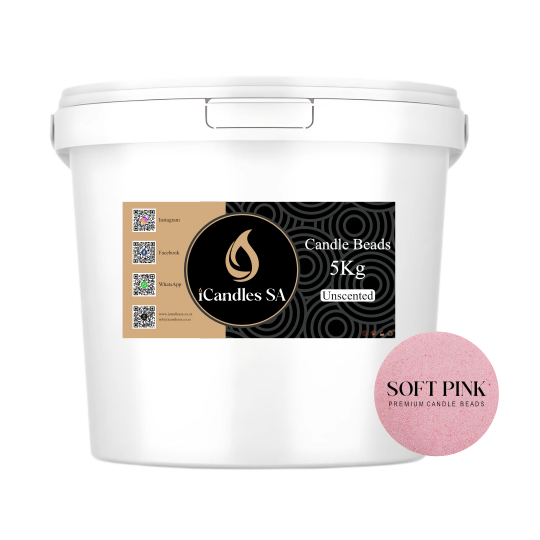 White bucket labeled 'Candle Beads 5Kg Unscented' by iCandles SA with a soft pink candle beads on a white background.