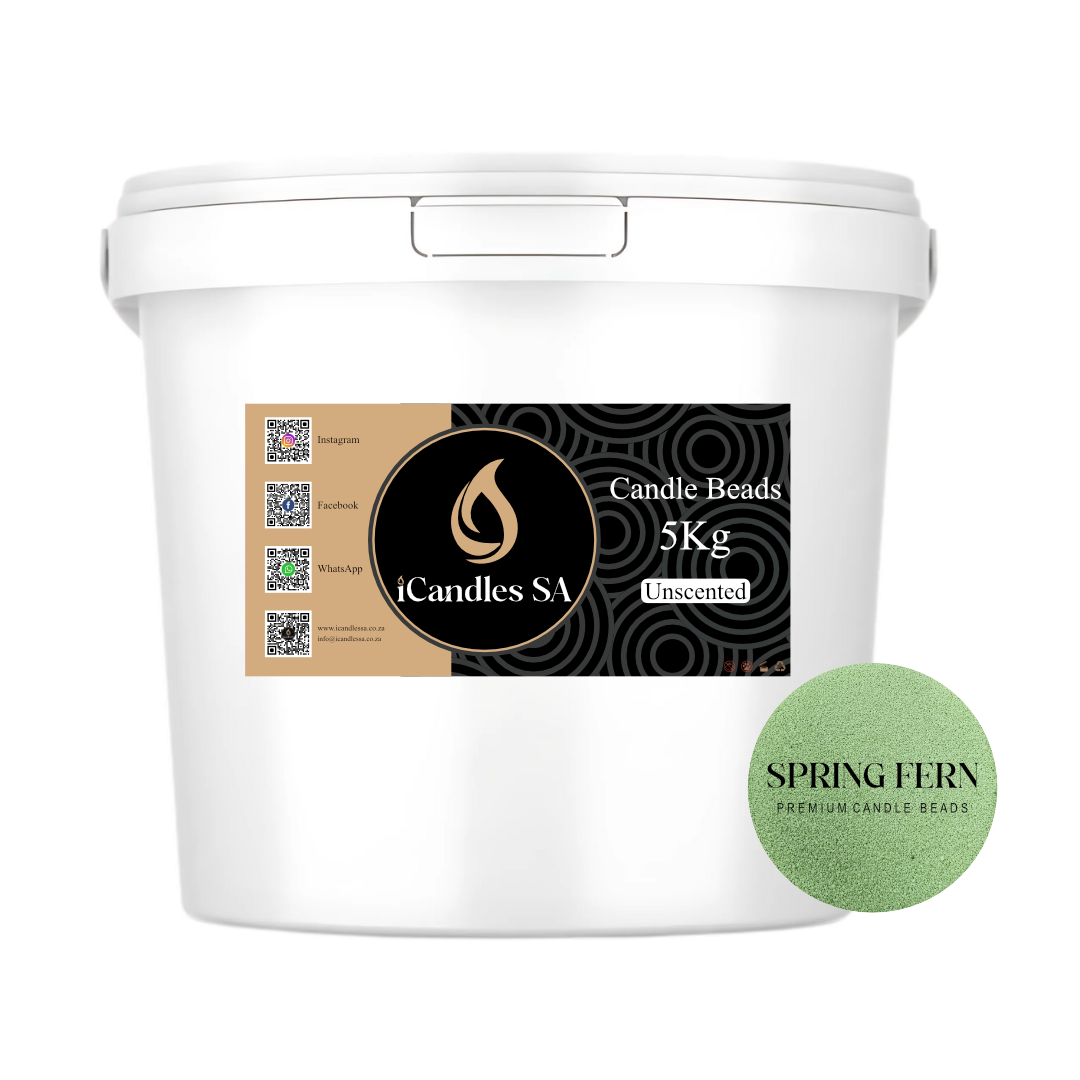 White bucket labeled 'Candle Beads 5Kg Unscented' by iCandles SA with Spring Fern candle bead sample on a white background.
