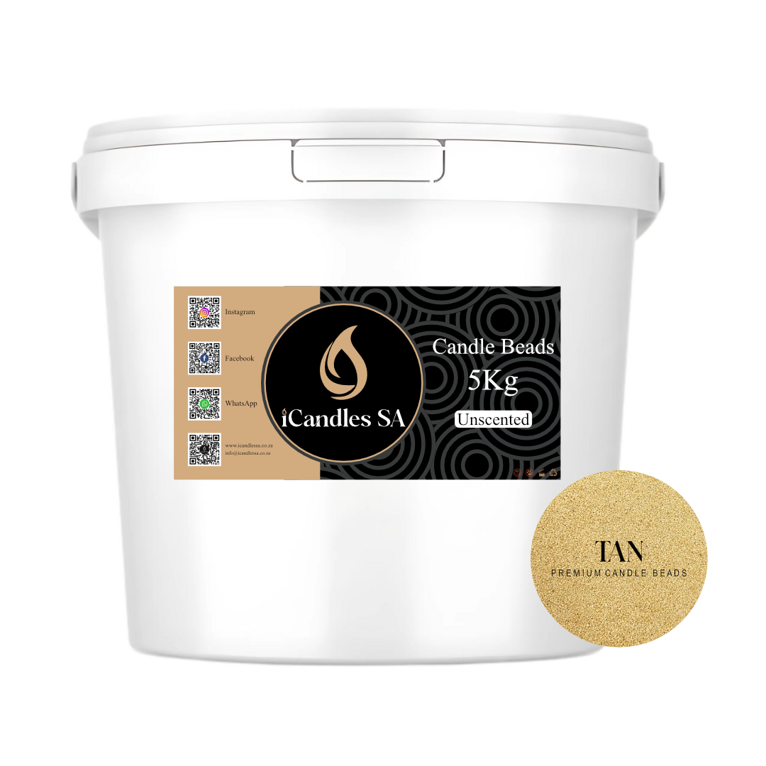 White bucket labeled 'Candle Beads 5Kg Unscented' Tan, by iCandles SA, on a white background.