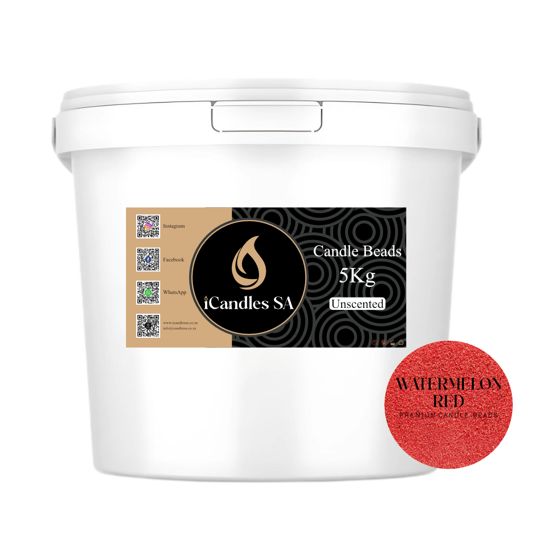 White bucket of candle beads with iCandles SA branding and a watermelon red label.