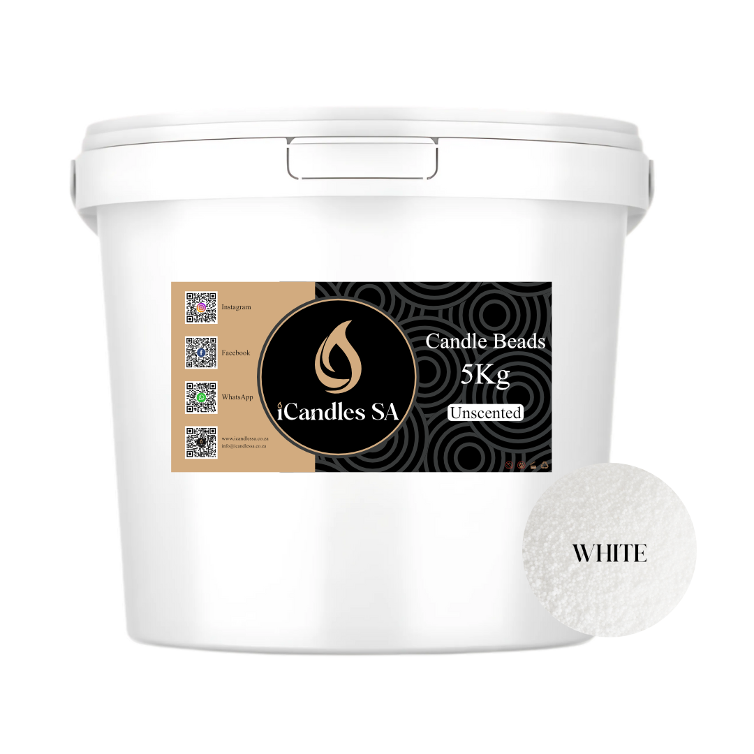 White bucket labeled 'Candle Beads 5Kg Unscented' by iCandles SA with a sample candle beads in white background.