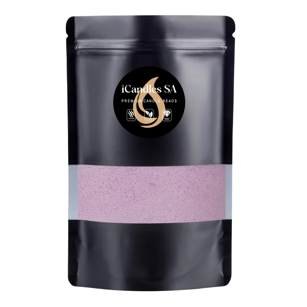 Black packaging with a 500g Lilac sand wax by iCandles SA on a white background