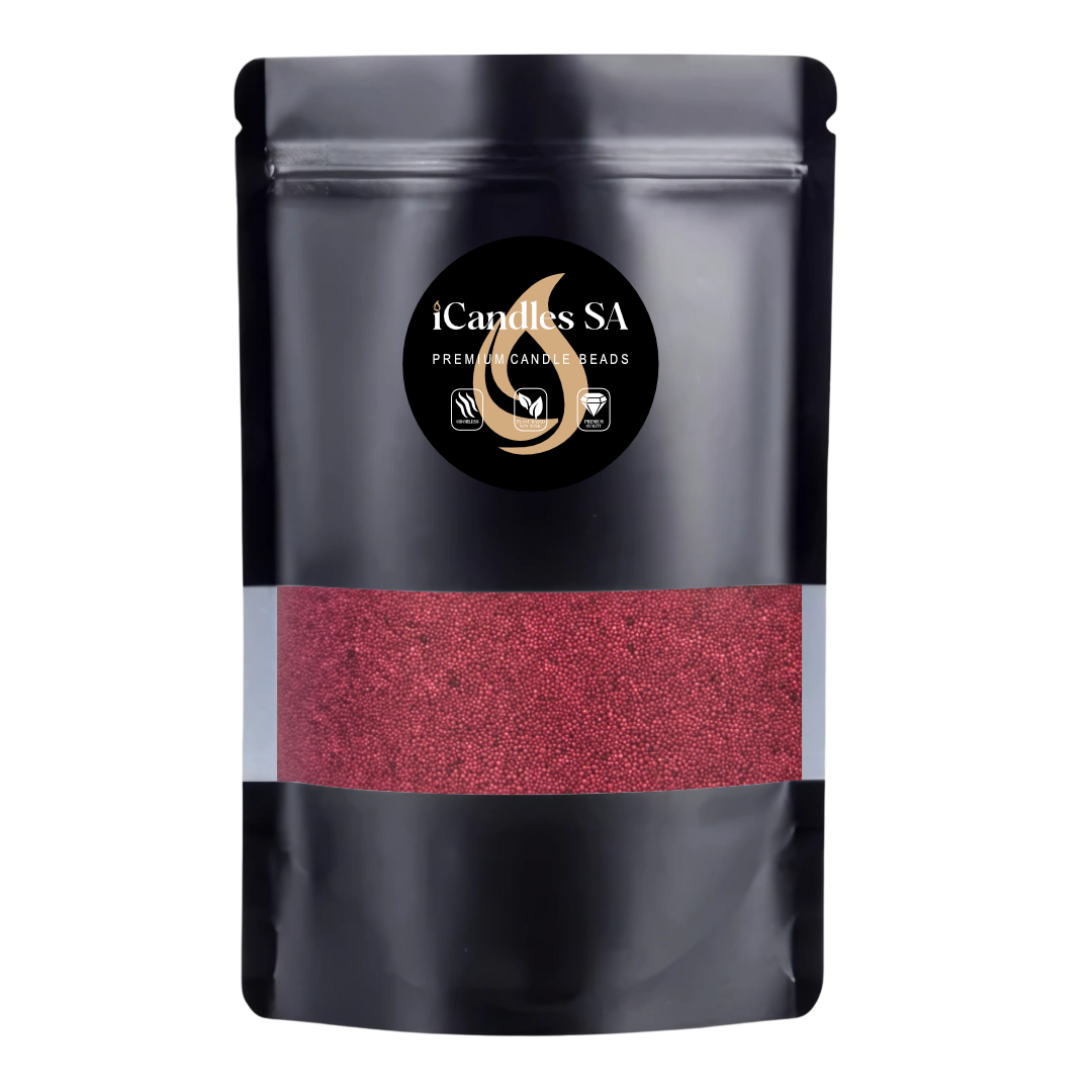 Black packaging with Wine Red sand wax pearls and iCandles SA logo on a white background