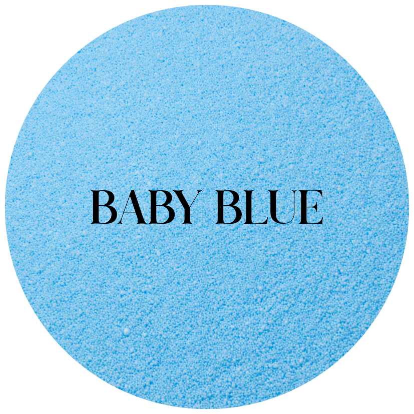 Round swatch of baby blue color with 'BABY BLUE' text in the center.