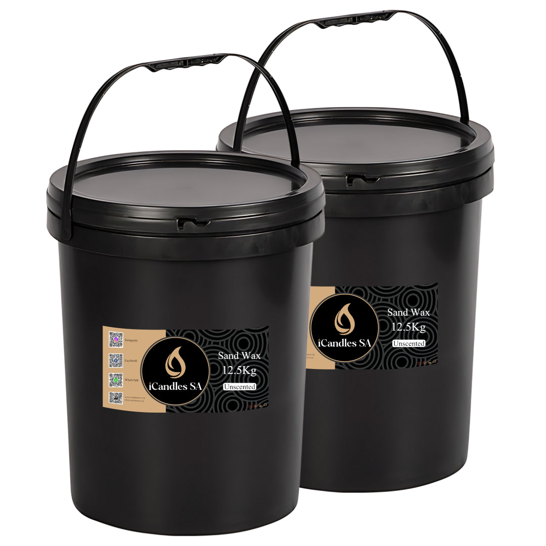 Two black buckets with handles and labels on a white background with iCandles SA 12.5kg stickers.
