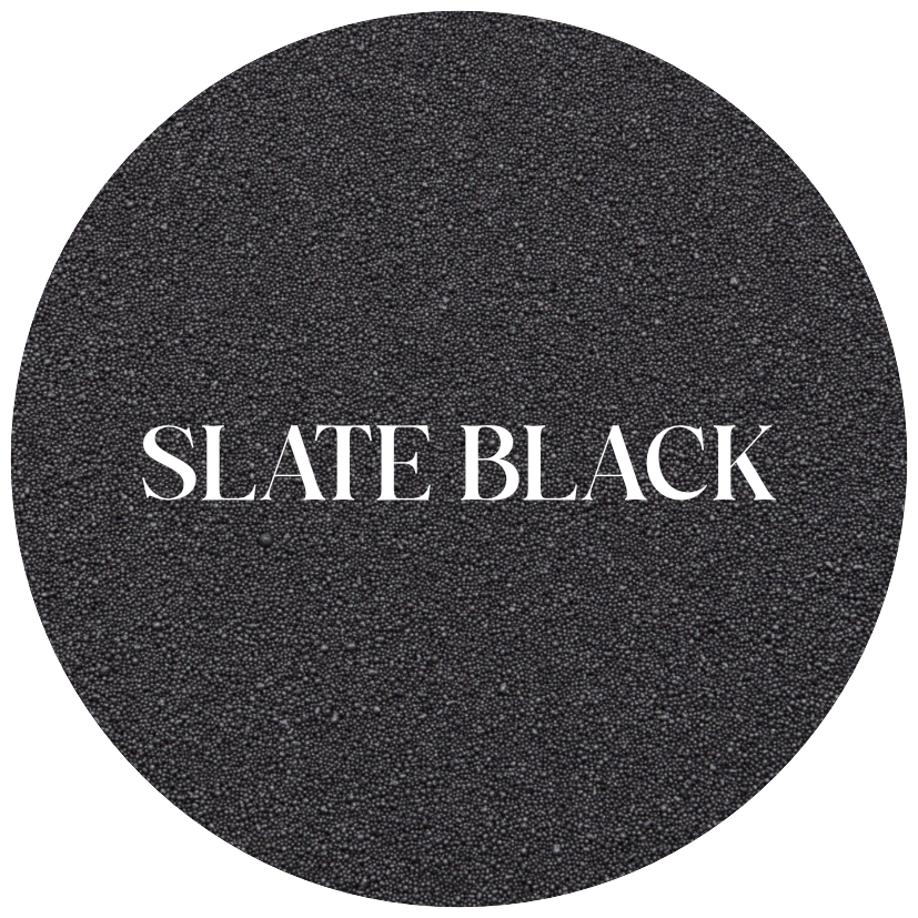 Round sample with 'SLATE BLACK' text in the center
