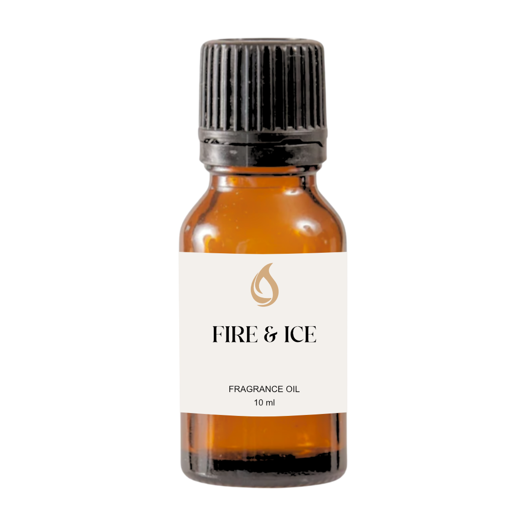 Bottle of Fire & Ice fragrance oil with a white label on a white background