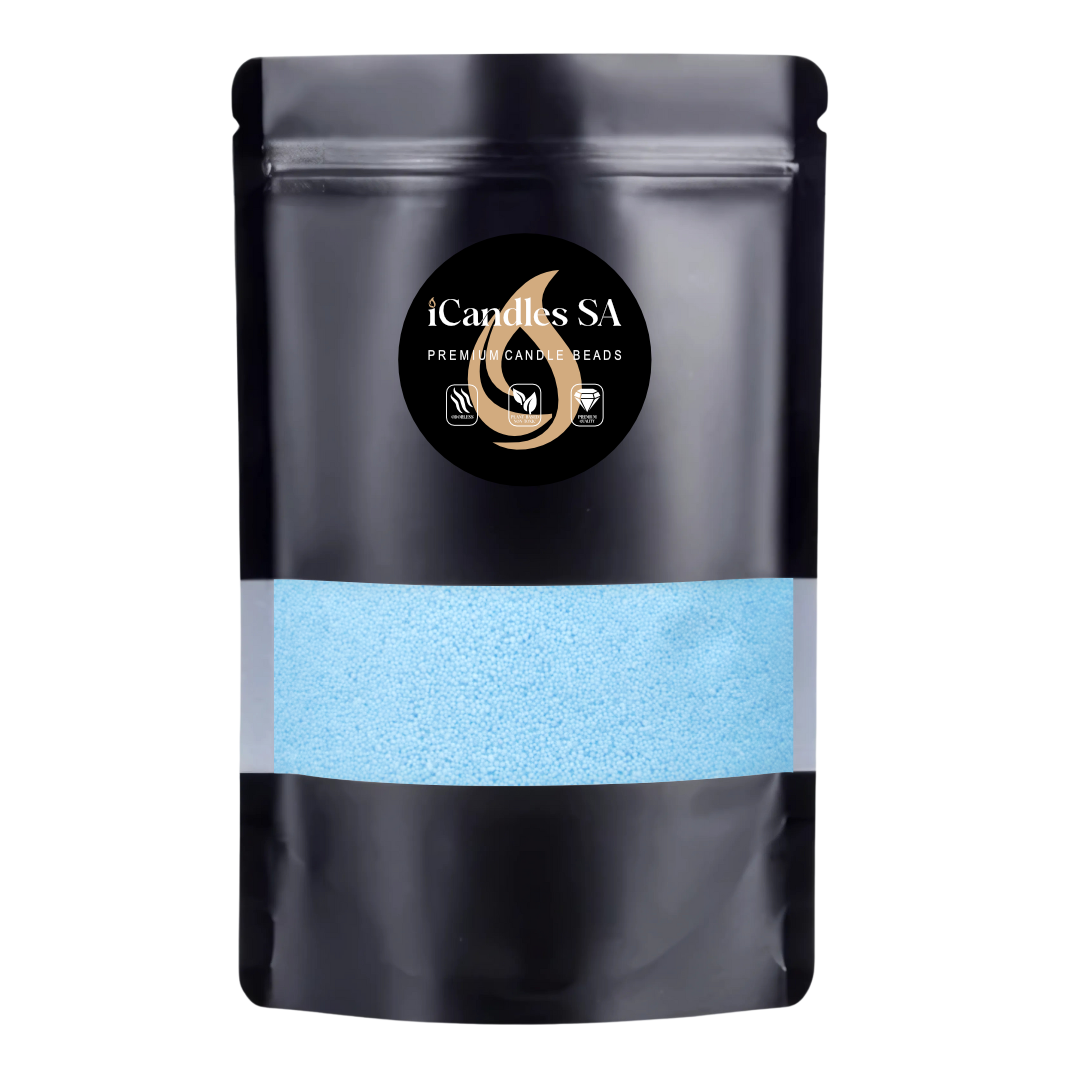 Black packaging with baby blue sand wax candle beads featuring the iCandles SA logo on a white background