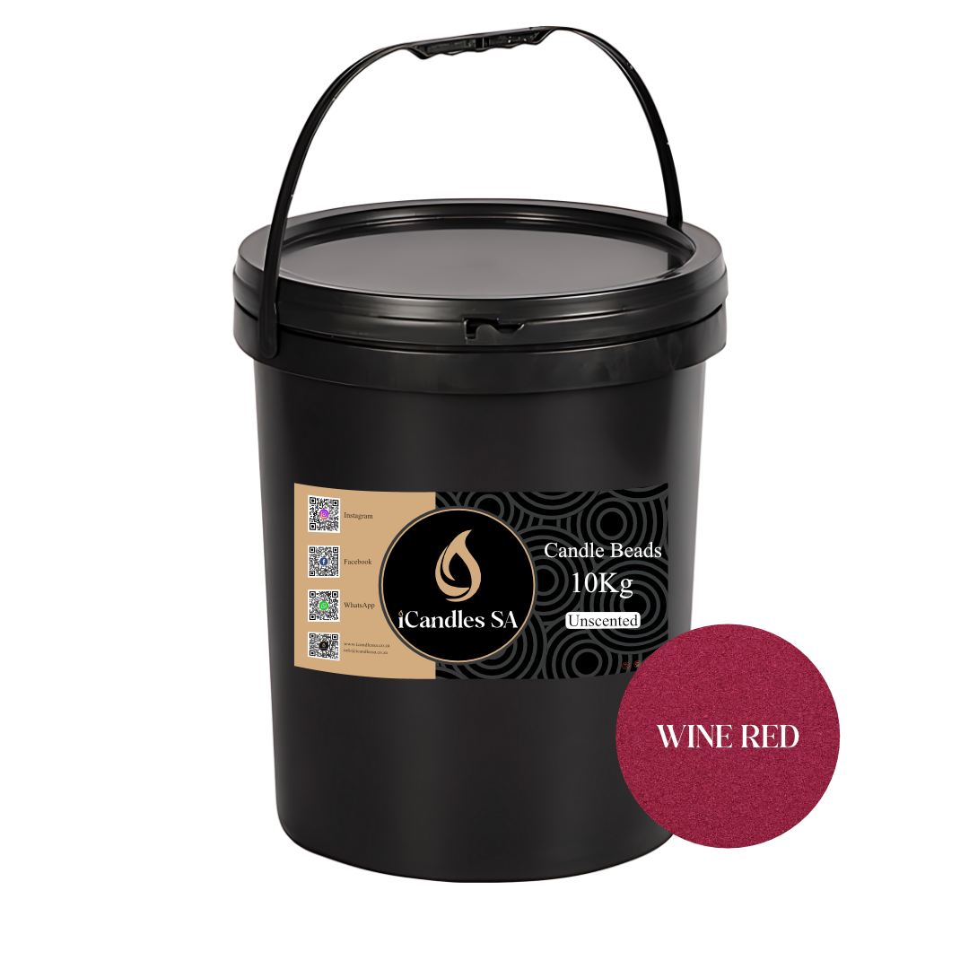 Black bucket with an iCandles SA label and wine red color swatch on a white background