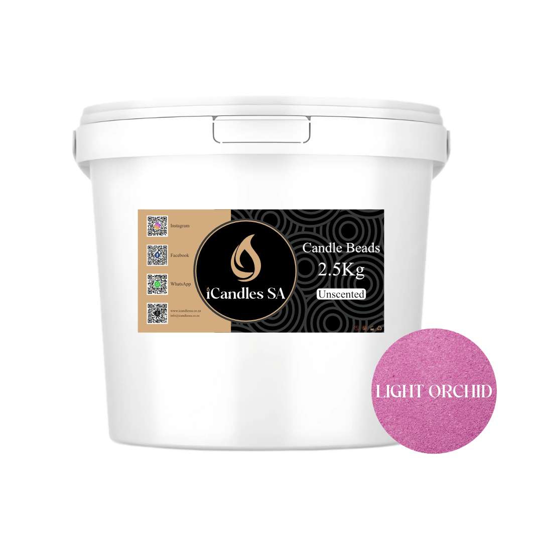 White bucket of candle beads with iCandles SA label and light orchid color swatch on a white background