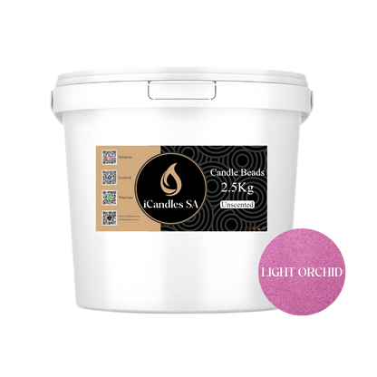 White bucket of candle beads with iCandles SA label and light orchid color swatch on a white background