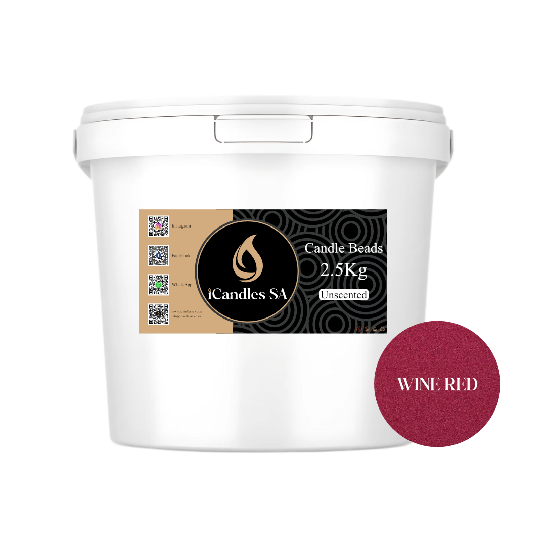 White bucket of Candle Beads with a label and wine red color swatch on a white background