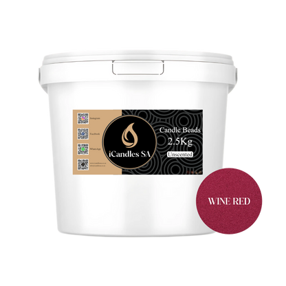White bucket of Candle Beads with a label and wine red color swatch on a white background