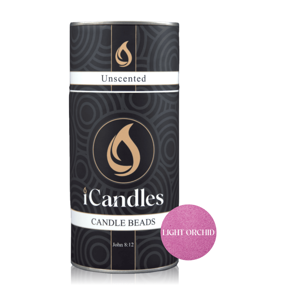 iCandles unscented candle beads packaging with a light orchid color swatch on a white background