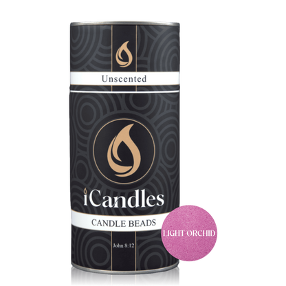 iCandles unscented candle beads packaging with a light orchid color swatch on a white background