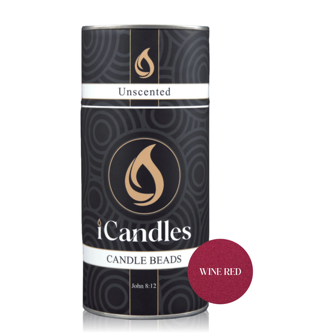 iCandles unscented candle beads canister with wine red label on a white background