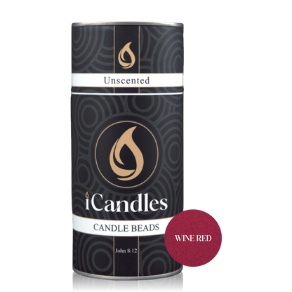 iCandles unscented candle beads canister with wine red label on a white background