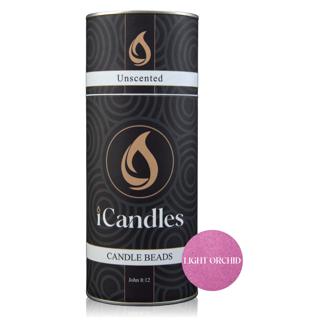 Canister of iCandles candle beads with a light orchid colour label on a white background