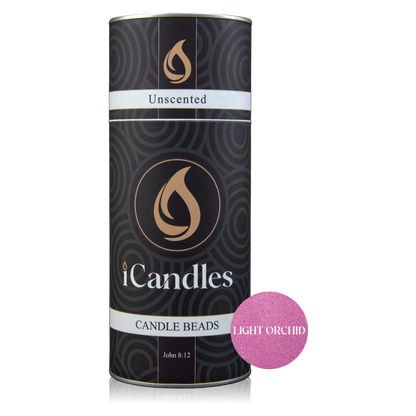 Canister of iCandles candle beads with a light orchid colour label on a white background