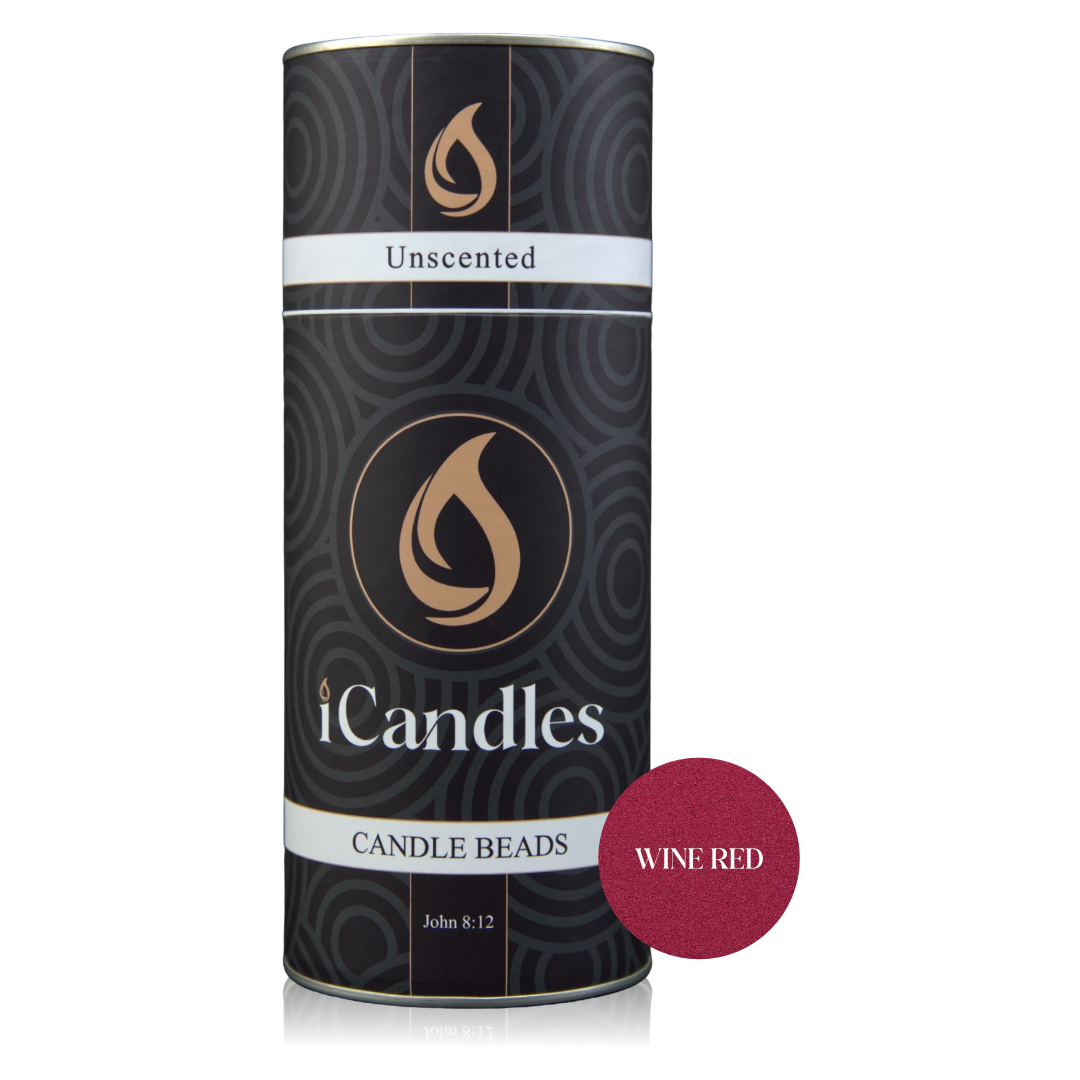 Canister of iCandles candle beads with a wine red label on a white background