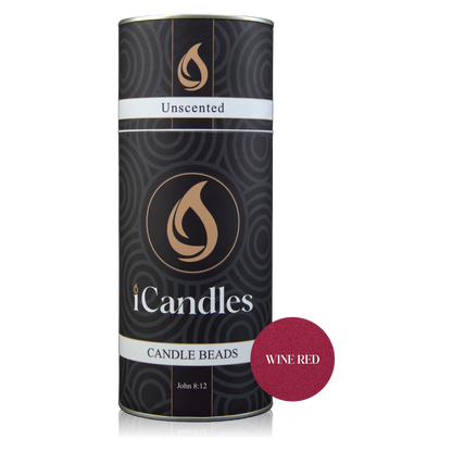Canister of iCandles candle beads with a wine red label on a white background